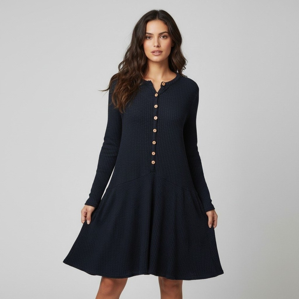 Free People FP Beach Navy Blue Ribbed Henley Tunic Dress Long Sleeve Size XS